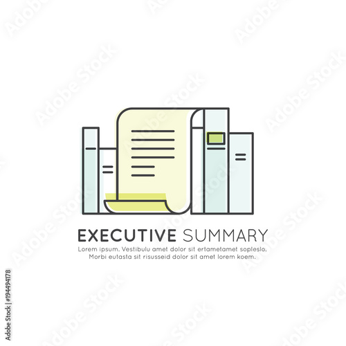 Vector Icon Style Illuetration Icon of Executive Summary Section Document in front of Books with Data and Information