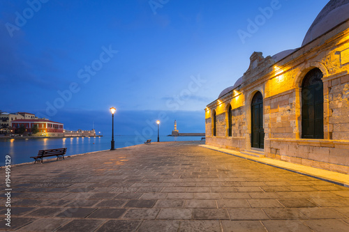 Old mosque in Chania port at night on Crete, Greece