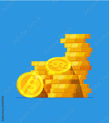 Coins stack vector illustration, flat coin money stacked icon flat, golden penny cash pile, treasure heap isolated on color background
