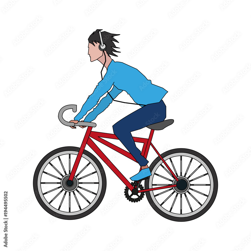 Obraz premium Mężczyzna jedzie rower i słucha muzycznego wektorowego ilustracyjnego graficznego projekt