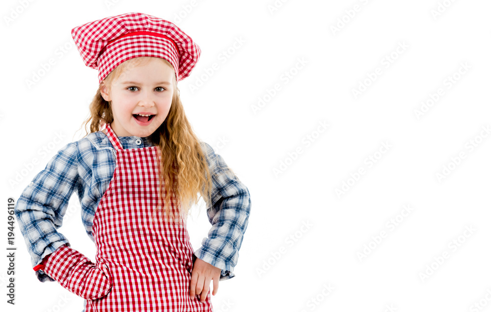 Joyful little girl in red apron isolated on white background Joyful little girl in red apron isolated on white background
