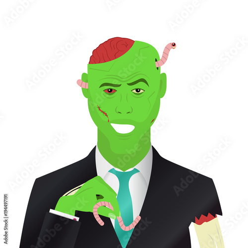 Funny green zombie in business suit. Businessman. Cartoon