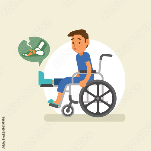 a man with broken leg sitting in wheelchair. Vector illustration