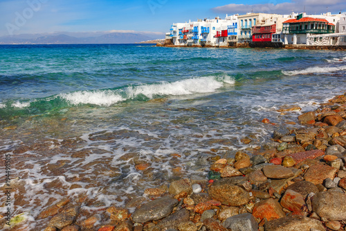 Famous view, Mikri Venetia or Little Venice on the island Mykonos, The island of the winds, Greece photo