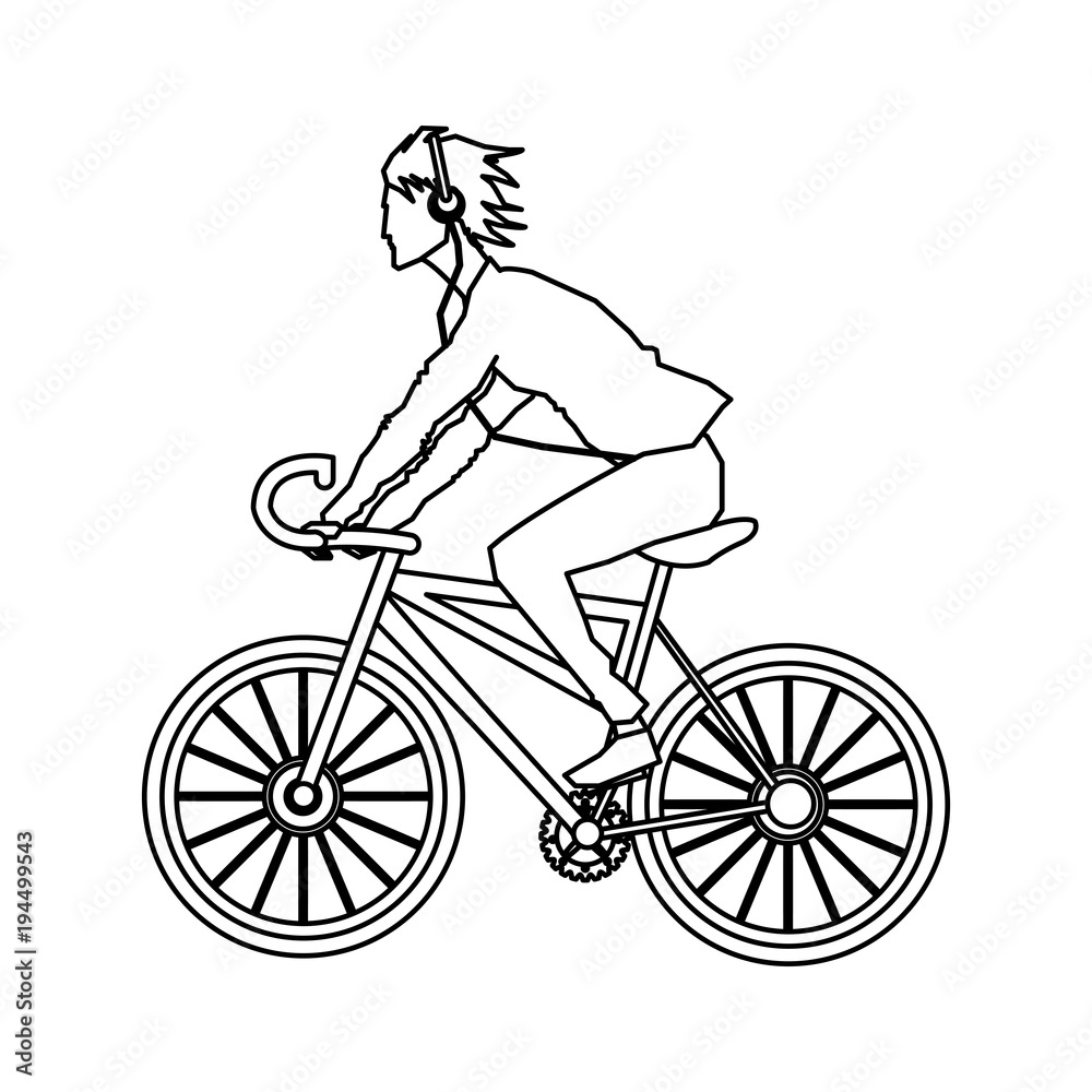 Naklejka premium Człowiek, jazda na rowerze i słuchanie muzyki wektor ilustracja projekt graficzny