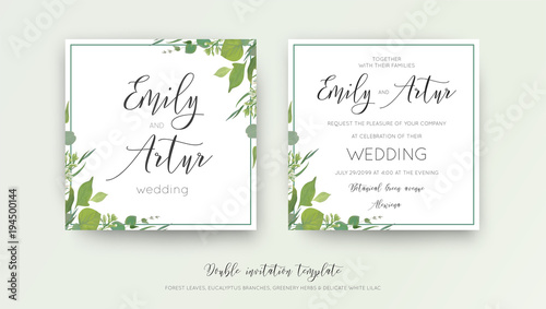 Wedding floral watercolor style double invite, invitation, save the date card design with forest greenery, herbs, leaves, eucalyptus branches, white lilac flowers. Vector, botanical, elegant template