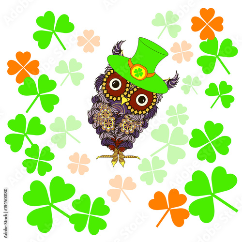 Stylized cute colorful flat design owl at hat with clover, zen tangle style saint Patrick's day stock vector illustration for print, for web photo