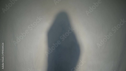 Shadow silhouette of a dark halloween ghost dancing in fog behind the glass