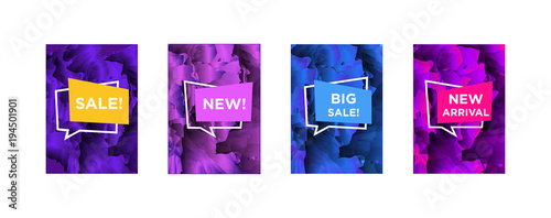 Sale web banners template for special offers advertisement. Liquid colors within different forms. New arrivals concept for internet stores promo. New arrivals web banners. 