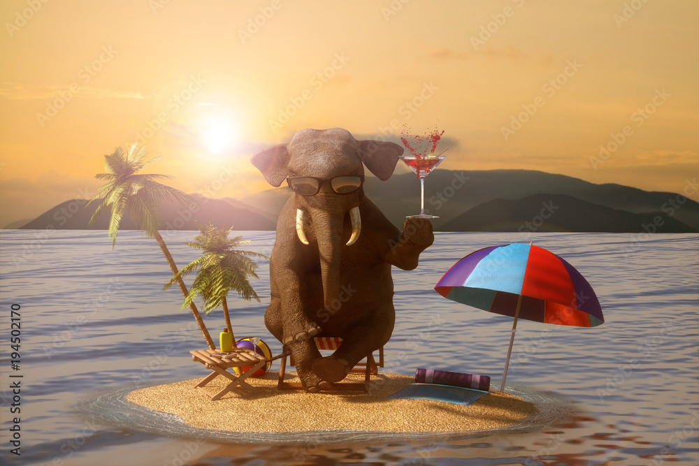 3D Illustration of a elephant sits on the beach overlooking the resort and the sea
