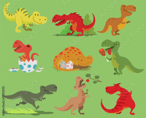 Cartoon vector dinosaur tyrannosaurus rex character dino and jurassic tyrannosaur attacking illustration set of ancient animal old reptyle with teeth hunter  sleep  open mouth and eggs isolated