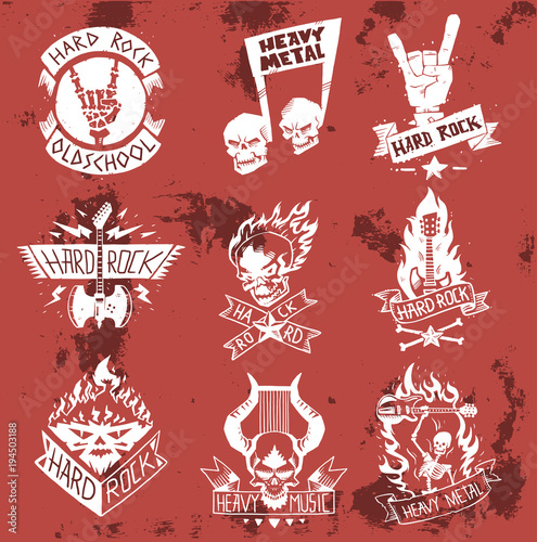 Heavy rock music vector badge vintage label with punk skull symbol hard rock-n-roll sound sticker skull, hand, note emblem illustration. Creative recording hipster classic template