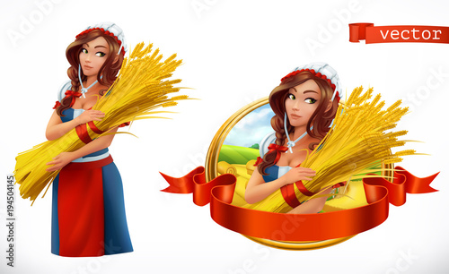 Woman with a sheaf of wheat. Peasant, farmer character and label. 3d vector icon