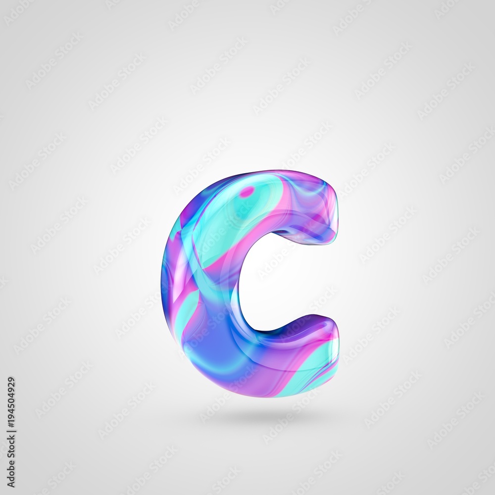 Glossy holographic letter C lowercase isolated on white background Glossy holographic letter C lowercase isolated on white background