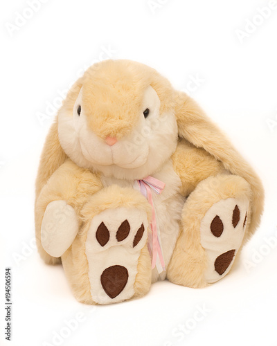 Cute toy-plush hare on a white background.