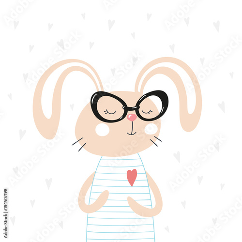 Plakat Karta z cute bunny kreskówka w modnych okularach. Ilustracji wektorowych.