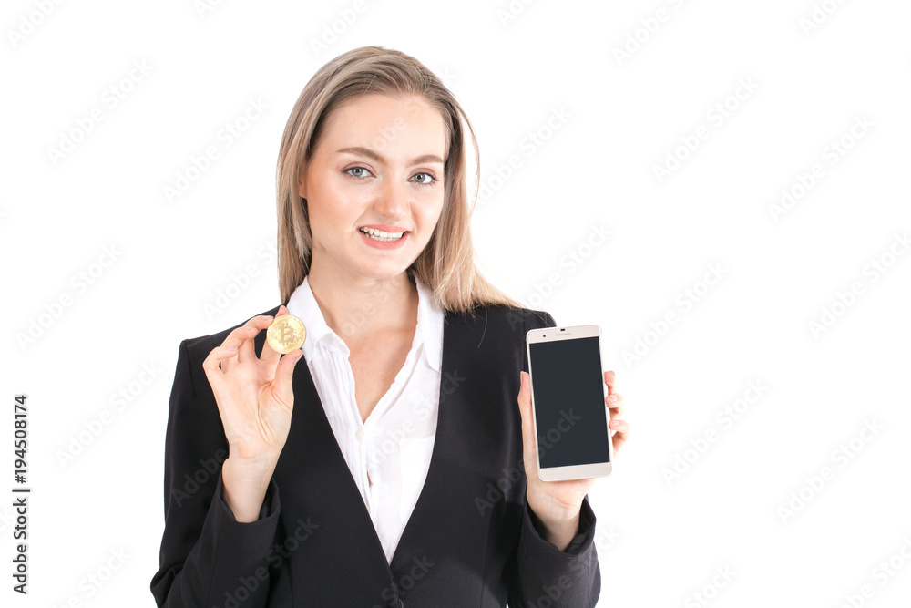 Businesswoman holding bitcoin and smartphone with smile isolated on white background. Businesswoman holding bitcoin and smartphone with smile isolated on white background.