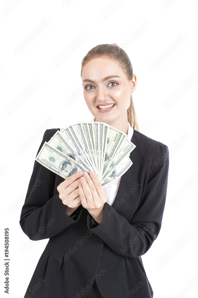 Investor female holding money with smile isolated on white background. Investor female holding money with smile isolated on white background.