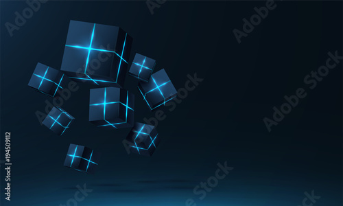 Vector realistic 3d cubes with neon parts compose on dark space background