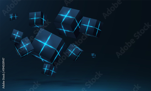 Vector realistic 3d cubes with neon parts compose on dark space background