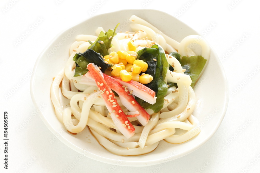 Homemade Japanese summer cold Udon noodles with seaweed