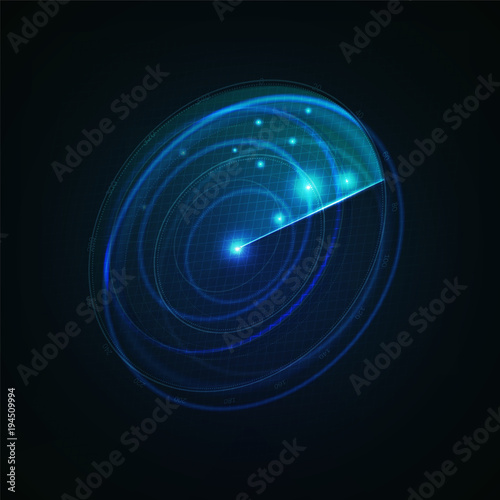 3d hud radar scanning the space . Military searching system blip . Navy radar with targets on screen . Technology background . Vector illustration .