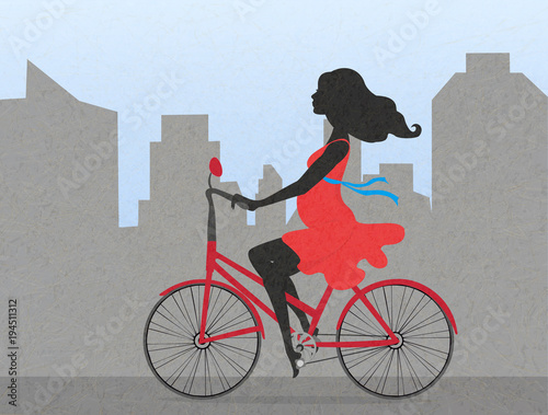 Silhouettes of pregnant woman on red bike on backdrop of city. Calm girl in red dress with positive emotions riding in town. Urban textured background in gray colors. Vector Illustration. Horizontal.