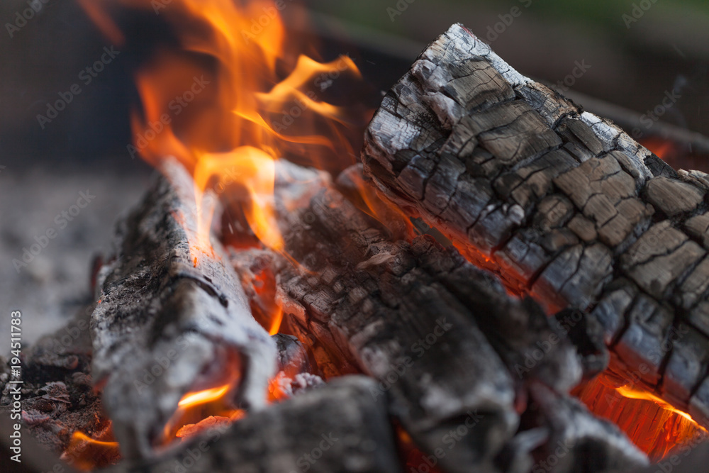 Fire with charcoals. Burning wood. Macro. Live flames with smoke. Wood with flame for barbecue and cooking bbq. Bright color. Orange Fire with charcoals. Burning wood. Macro. Live flames with smoke. Wood with flame for barbecue and cooking bbq. Bright color. Orange