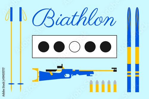 Biathlon vector design. Target, ski, cartridges, rifle, sticks, lettering text. Set of biathlon equipment. Light blue background. Winter sport isolated icons for web pages, prints of clothes.