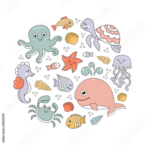Ocean set with cute sea animals. Under the sea round pattern