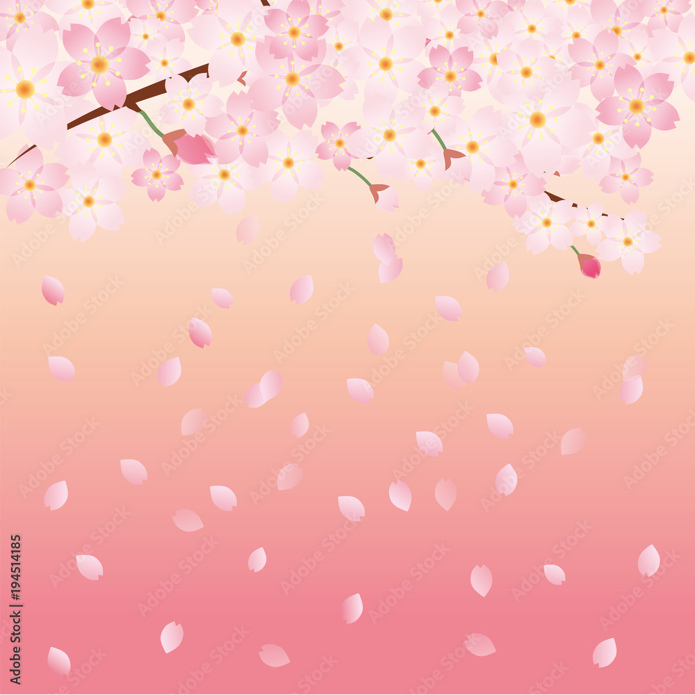 Vecteur Stock 桜吹雪と桜のイラスト 春のイメージの背景画像 桜の木 ソメイヨシノ Adobe Stock