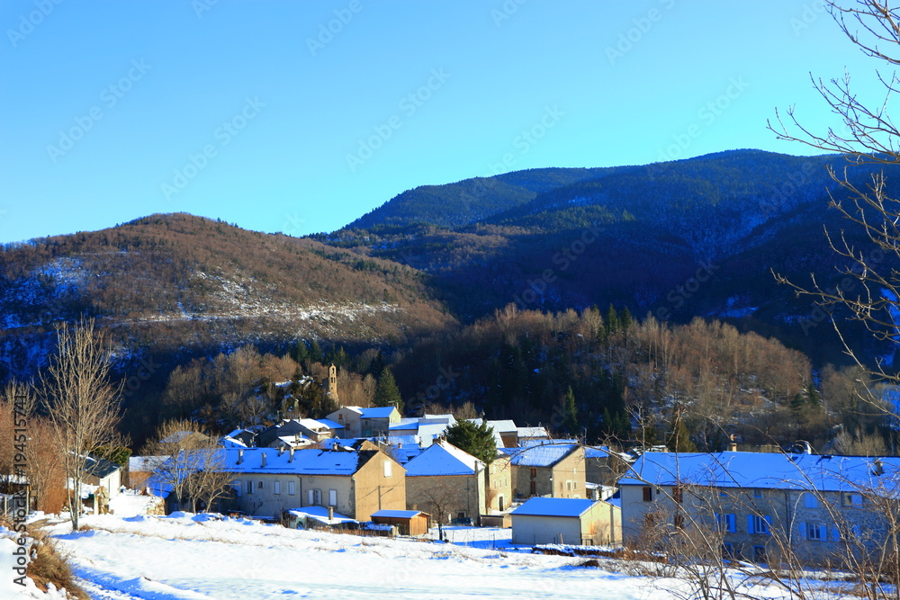 snowy village in Pyrenees, Aude in south of France
