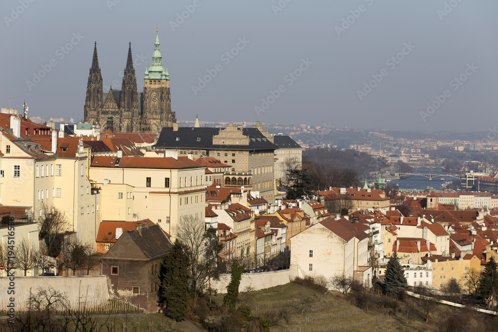 Fototapeta premium Sunny freezy winter Prague City with gothic Castle, Czech Republic