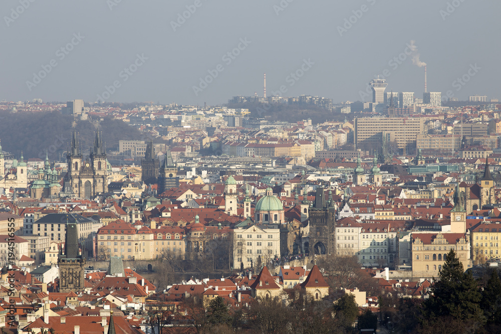 Sunny freezy winter Prague City with its Cathedrals, historical Buildings and Towers, Czech Republic