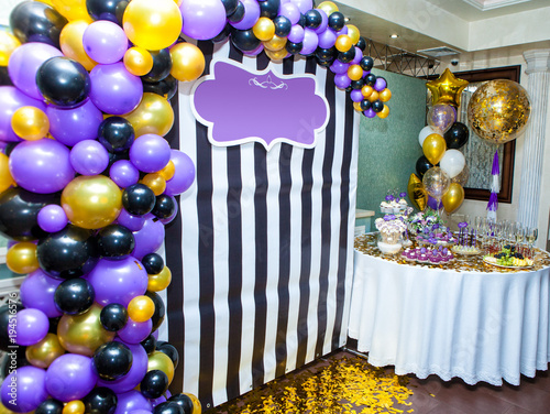 Decorated with colorful balloons decoration for photography. Photozone.