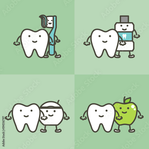 healty tooth and best friends toothbrush, toothpaste, mouthwash, floss and apple, dental care and hygiene concept