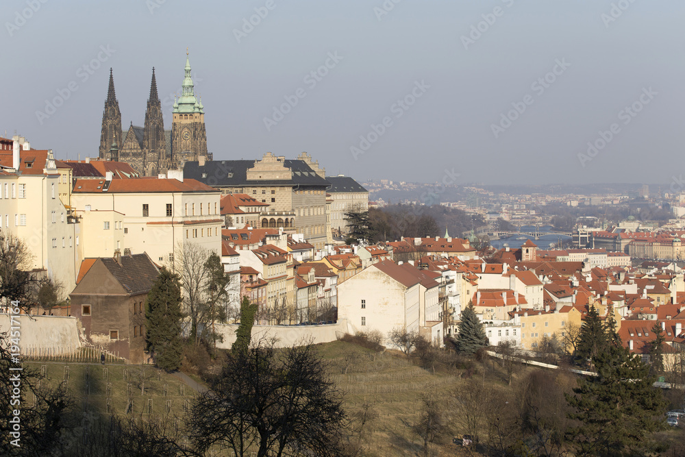 Sunny freezy winter Prague City with gothic Castle, Czech Republic
