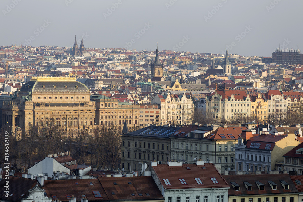Sunny freezy winter Prague City with its Cathedrals, historical Buildings and Towers, Czech Republic
