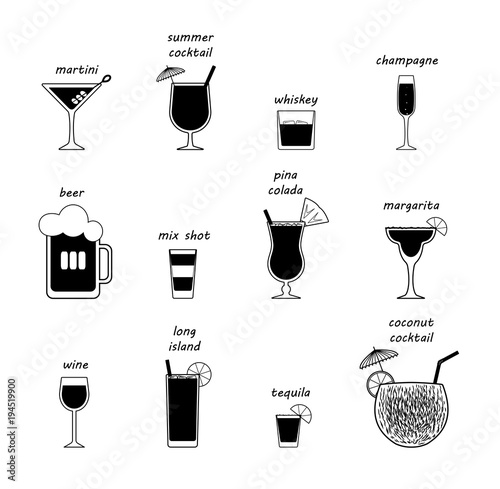 Vector popular drink types with every piece isolated. Names mentioned on top of each drink.