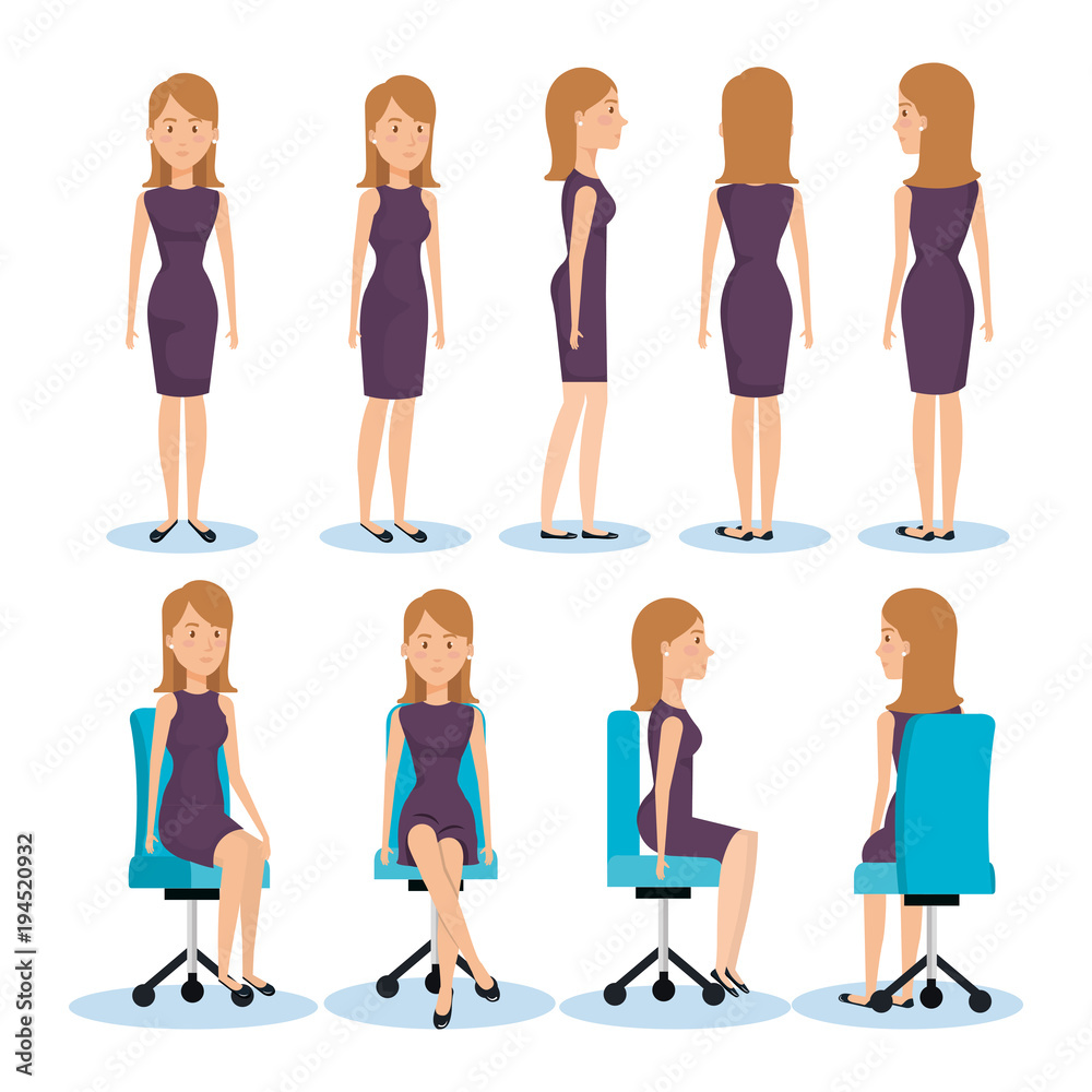 Obraz premium businesswomen posing on office chair and stand vector illustration design