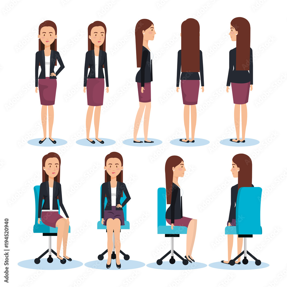 Fototapeta premium businesswomen posing on office chair and stand vector illustration design