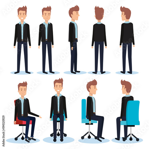 businessmen posing on office chair and stand vector illustration design