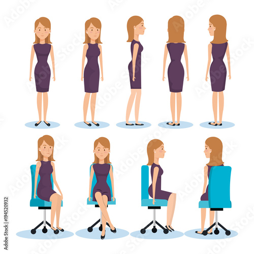 businesswomen posing on office chair and stand vector illustration design