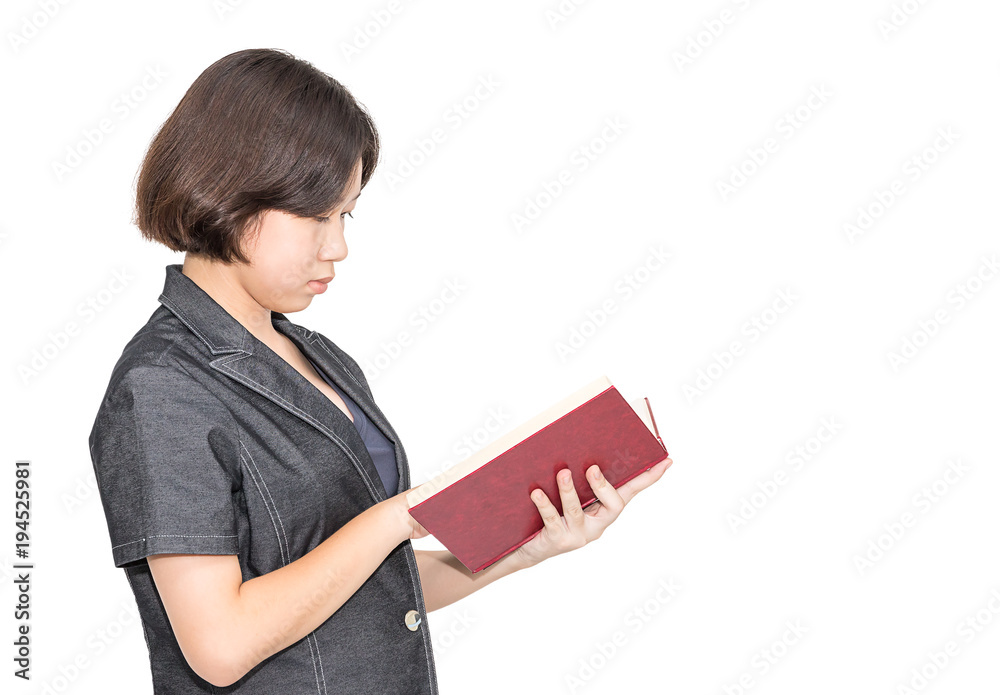 Young female short hair holding up red book Young female short hair holding up red book