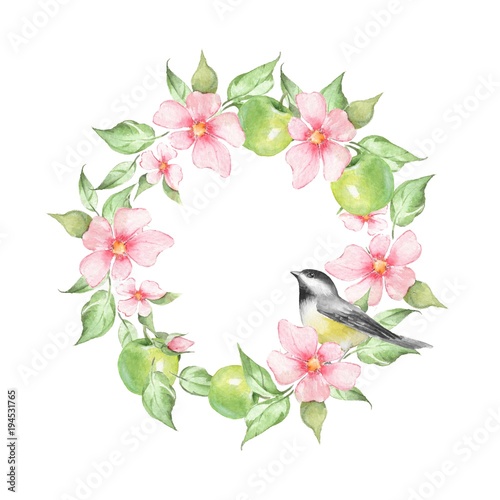 Watercolor floral wreath with bird  isolated on white