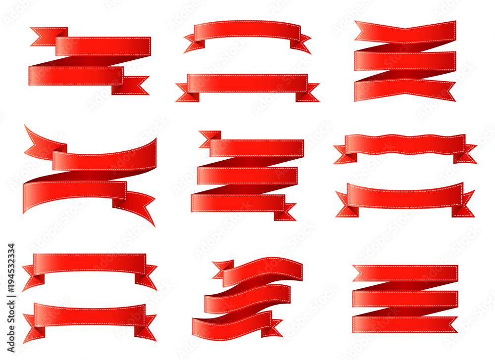 Set of ribbons, banners or wrapping tape isolated on background