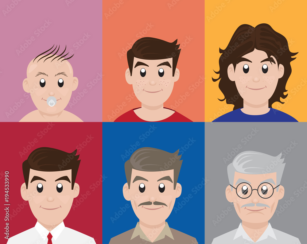 Fototapeta premium Man different generation age and background colors, Vector Illustration