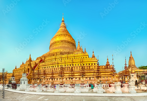 Shwezigon pagoda in Bagan. Myanmar. Panorama