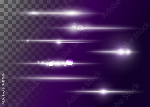 Set of Vector Glowing Neon Light Effects. Abstract White Line with Radiance and Bokeh Effect. UI Design Element. Transparent Lens Flare. Futuristic Vibrant Glow for Game Design, Banner, Frame, Button.