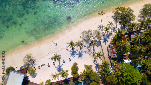 Aerial view from the drone on the sand beach of Haad Rin area in koh Phangan island,Thailand photo